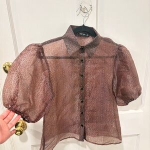 Nasty Gal Brown Sheer Puff-Sleeve Button-Up Blouse